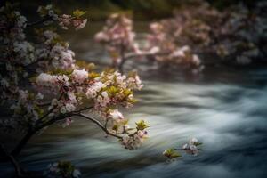 butterweich, Kirschblüte, verschwommen Fluss. ai generativ foto