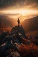 ein Mann ist Stehen auf ein Berg. ai generativ foto