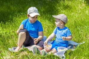 Sommer- und ein warm Tag. Kinder auf ein Picknick sitzen auf ein Decke und Essen Obst von ein Platte. Leben Emotionen von das Leute. foto