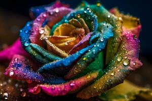 Regenbogen Rose mit Tau Tropfen. neural Netzwerk ai generiert foto