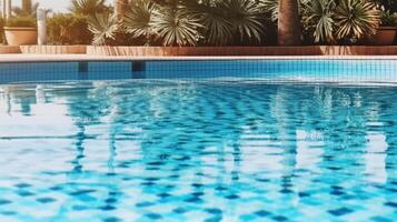 leeren am Pool Oberfläche mit Sommer- Reise Hotel Schwimmen Schwimmbad Hintergrund. ai generativ foto