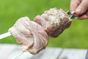 roh Fleisch zum Kochen Grill auf das Feuer. traditionell kaukasisch Kebab auf ein Spieß, Kochen Fleisch auf Spieße. Schaschlik Kebab Braten auf das Grill foto