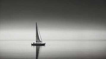 Weiß Bild von ein einsam Segelboot auf ein Ruhe Meer, ai generativ foto