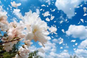 das Weiß Blütenblätter fallen aus mit verschwommen klar Blau Himmel und Wolke. ai generativ foto