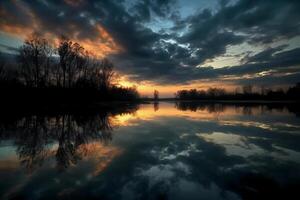 ein Szene im welche das ganz Himmel ist reflektiert im das Wasser. ai generativ foto