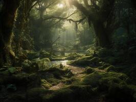 Lichtung im ein filmisch magisch Wald. ai generativ foto