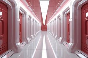 futuristisch Hintergrund Wissenschaft Fiktion Innere Weiß Mauer und rot Licht die Architektur Gang,. ai generativ foto