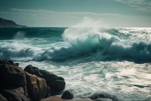 sonnig Tag, Schönheit von Marine Natur, Stärke und Leistung von das Wasser Element im bilden von ein groß Türkis Meer Welle abstürzen auf Ufer. ai generativ foto