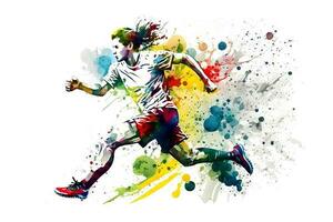 Fußball Fußball Spieler im Aktion mit Regenbogen Aquarell Spritzen. isoliert Weiß Hintergrund. neural Netzwerk generiert Kunst foto