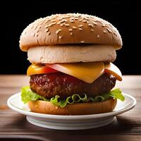 saftig Burger mit Fritten und trinken auf ein Tabelle Neu Lager Bild Qualität Essen Illustration Desktop Tapete.ai generativ foto
