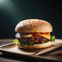 saftig Burger mit Fritten und trinken auf ein Tabelle Neu Lager Bild Qualität Essen Illustration Desktop Tapete.ai generativ foto
