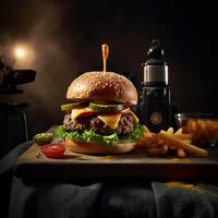köstlich Hamburger mit Fritten und Getränke auf das Tabelle auf das Cafe Hintergrund Produkt Fotografie mit Nikon. schnell Essen Konzept. ai generativ foto