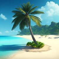 Foto ein Strand Szene mit ein Strand und Palme Bäume Hallo Sommer, ai generiert
