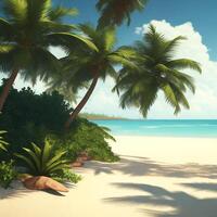 Foto ein Strand Szene mit ein Strand und Palme Bäume Hallo Sommer, ai generiert