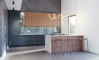 das Projekt von ein modern Küche mit ein Panorama- Fenster. foto