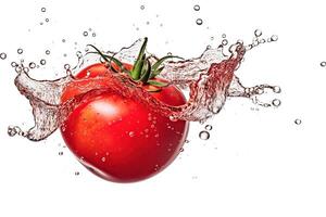 ein Tomate planschen im ein Wasser Spritzen auf Weiß Hintergrund, ai generiert foto