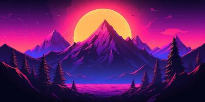 ästhetisch Berg Synthwave Retrowave Hintergrund mit ein cool und beschwingt Neon- Design, ai generiert foto