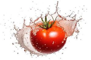 ein Tomate planschen im ein Wasser Spritzen auf Weiß Hintergrund, ai generiert foto