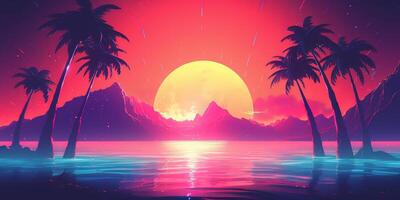 ästhetisch Strand Synthwave Retrowave Hintergrund mit ein cool und beschwingt Neon- Design, ai generiert foto