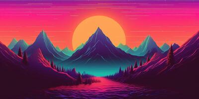 ästhetisch Berg Synthwave Retrowave Hintergrund mit ein cool und beschwingt Neon- Design, ai generiert foto