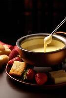 Käse Fondue mit Fondue Satz, Crouton von Brot und viele Käse, ai generiert foto