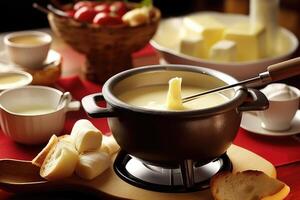 Käse Fondue mit Fondue Satz, Crouton von Brot und viele Käse, ai generiert foto