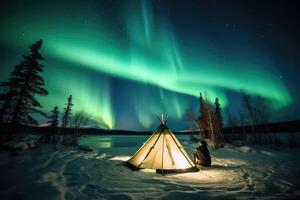 Camping im das Norden mit Nord Beleuchtung, ai generiert foto