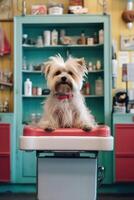 süß Hund beim Pistenfahrzeug Salon, ai generiert foto