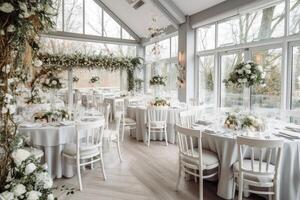 Restaurant dekoriert zum Hochzeit, generativ ai foto