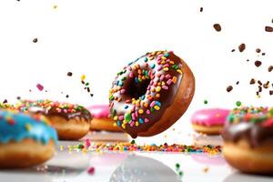 bunt Donuts fallen und abstürzen, generativ ai foto