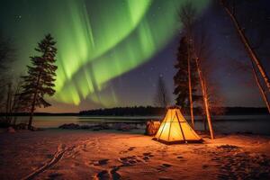 Camping im das Norden mit Nord Beleuchtung, ai generiert foto