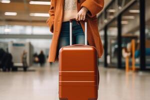 unkenntlich Frau mit Koffer Stehen beim das Flughafen, generativ ai foto