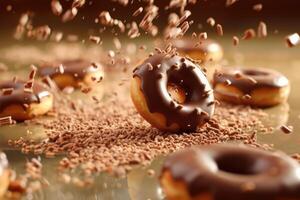 bunt Donuts fallen und abstürzen, generativ ai foto