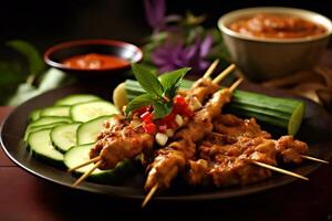 Hähnchen Satay auf das Teller mit Erdnuss Soße begleitet durch frisch Gurke, Zitronengras, und Chili Paste, Nahansicht schießen, ai generiert foto