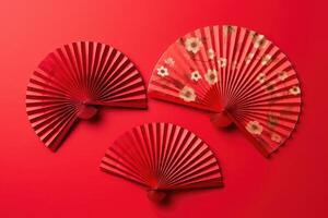 Chinesisch Neu Jahr. Dekor Muster Ventilator auf rot Hintergrund. rot Papier Fans .Mond Neu Jahr Banner Vorlage. Mond- Neu Jahr, chinesisch Banner. ai generiert foto