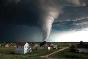 Super Zyklon oder Tornado Bildung Zerstörung Über ein besiedelt Landschaft mit ein Zuhause oder Haus auf das Weg. ai generiert foto
