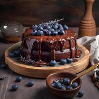 Schokolade Kuchen mit Schokolade Belag. ai generativ foto