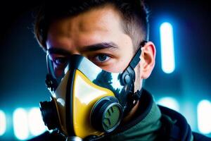 ein Mann tragen futuristisch schützend Maske. covid 19. Maskentragend mit Vertrauen. generativ ai foto