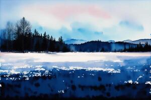 ein Gemälde von ein schneebedeckt Landschaft mit ein Blau Himmel und Bäume im das Vordergrund.Winter. Aquarell malen. Digital Kunst, generativ ai foto