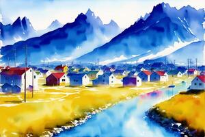 ein Aquarell Stadt. nordisch Gelassenheit, Aquarell Gemälde von ein skandinavisch Stadt. generativ ai foto