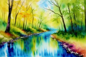 still Sommer- Landschaft. ein Aquarell Gemälde von Park, See, Feld und Fluss. generativ ai foto