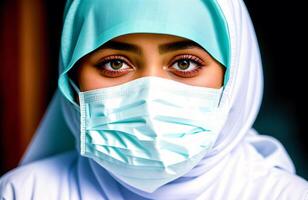 ein Muslim Mädchen tragen schützend Maske. covid 19. Maskentragend mit Vertrauen. generativ ai foto
