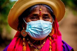 ein alt indisch Frau tragen schützend Maske. covid 19. Maskentragend mit Vertrauen. generativ ai foto