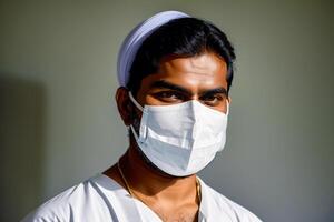 ein indisch Mann tragen schützend Maske. covid 19. Maskentragend mit Vertrauen. generativ ai foto
