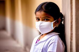 ein indisch Mädchen tragen schützend Maske. covid 19. Maskentragend mit Vertrauen. generativ ai foto