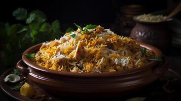 Biryani im Schüssel, desi indisch Essen Biryani Reis im Schüssel, generativ ai foto