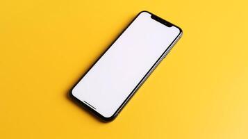 Smartphone mit leer Weiß Bildschirm auf Gelb Hintergrund. oben Sicht, generativ ai foto