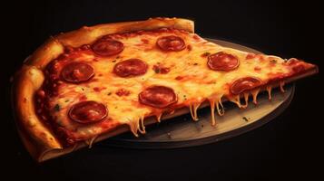 Peperoni Pizza auf ein hölzern Planke, Nahaufnahme, generativ ai foto
