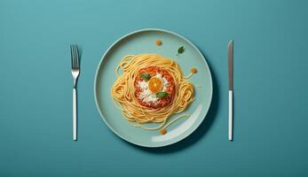 oben Aussicht von Spaghetti Pasta mit Tomate Soße und Basilikum auf hölzern Tabelle Hintergrund, generativ ai foto