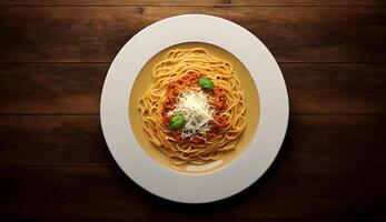 oben Aussicht von Spaghetti Pasta mit Tomate Soße und Basilikum auf hölzern Tabelle Hintergrund, generativ ai foto